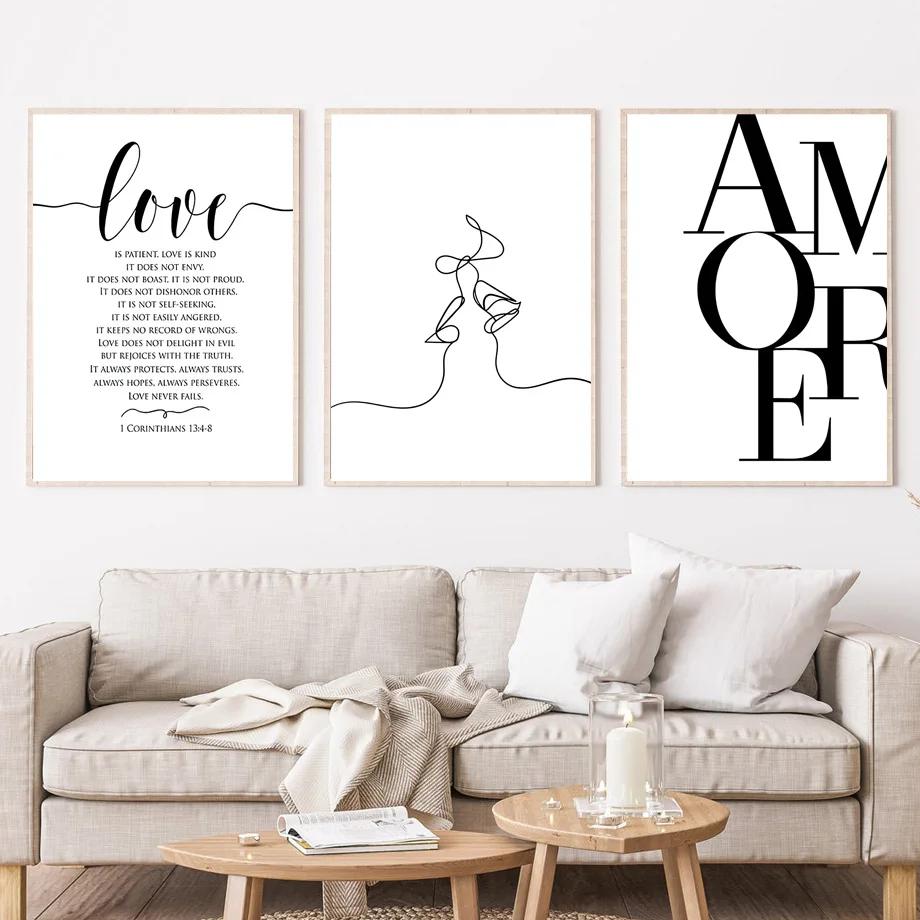 Minimalistische Linien-Paar-Kuss-Wandkunst, Nordische Poster und Drucke, Leinwandbild, Bilder für Wohnzimmer-Dekoration, Schwarz und Weiß