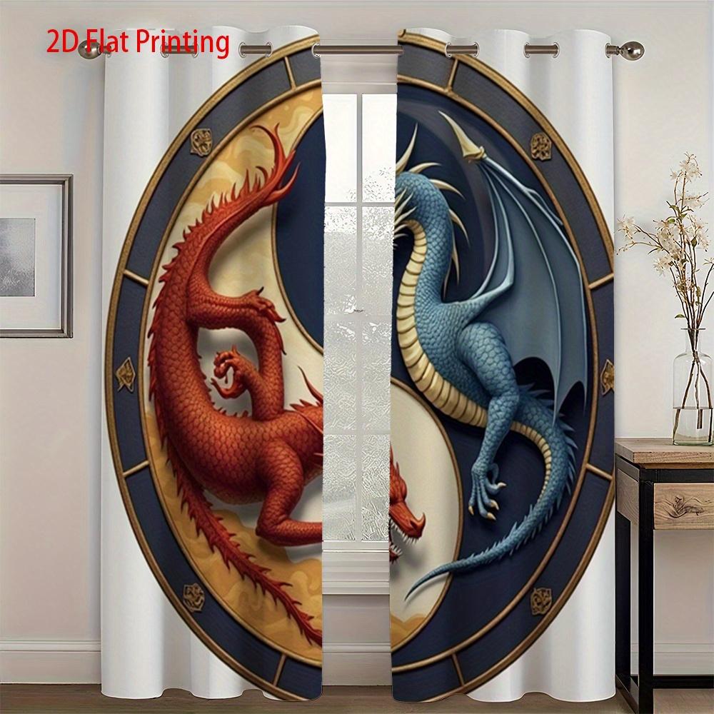 2pcs   2D Flat Printing Curtains with Yin Yang Red And Blue Dragons Pattern for Home Decor. Grommet Curtains Made of Suede