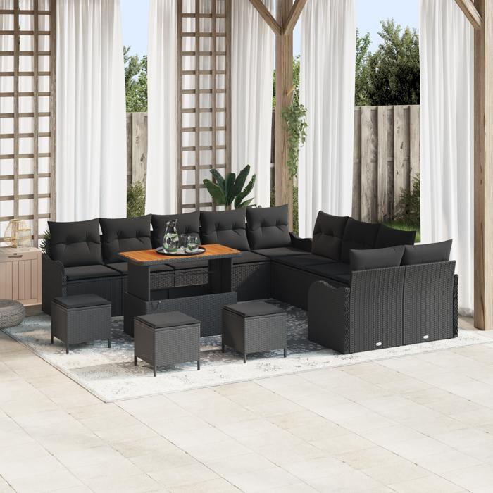 Ensemble de Canapé de Jardin 14 pièces avec Coussins Noir Poly Rotin Acacia, Canapé de Jardin 2 places avec Coussins Noir 3362329