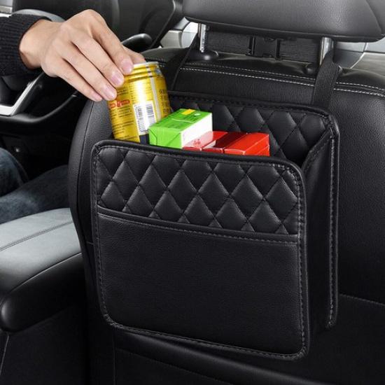 Car Seat Storage Bag Black PU Leather Hanging Pocket Car Interior Accessories