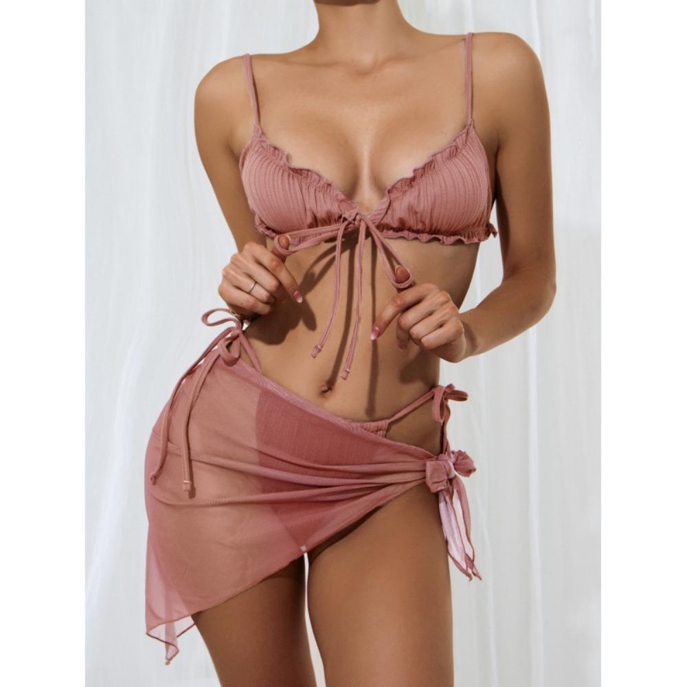 

Однотонный купальник-бикини с высокой талией, сетчатый, с разделением, на бретелях, из трех частей XL темно-розовый