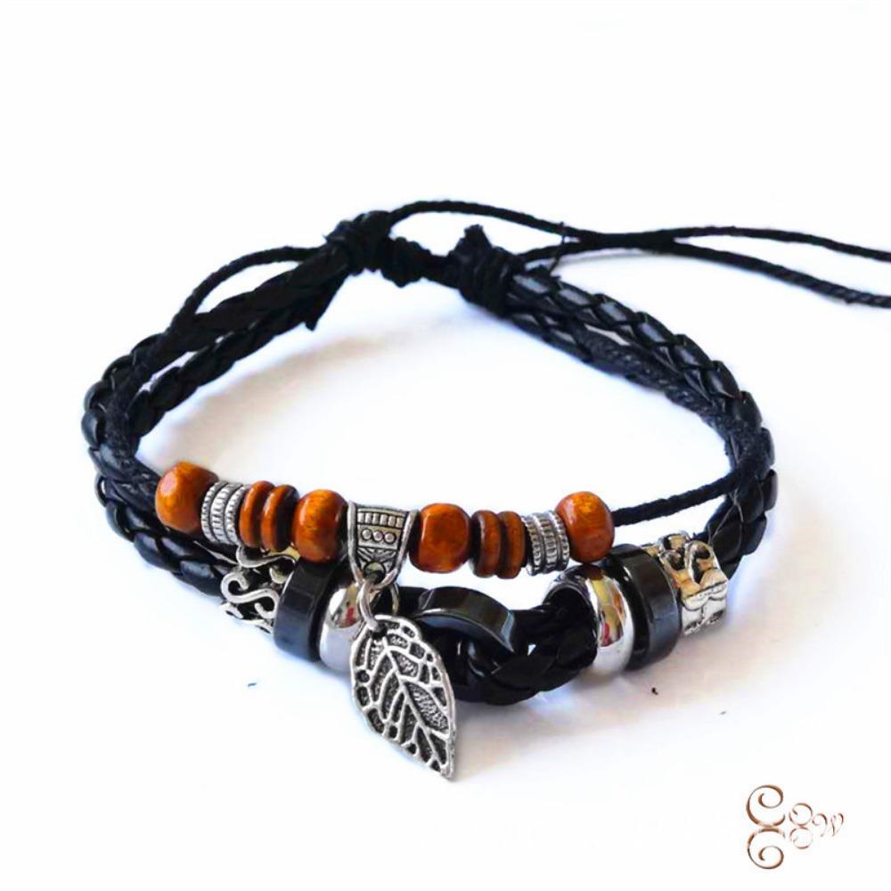 Braided Wrap Leather Bracelets for Men Vintage Charm Beads Wristband Rope Bracelet