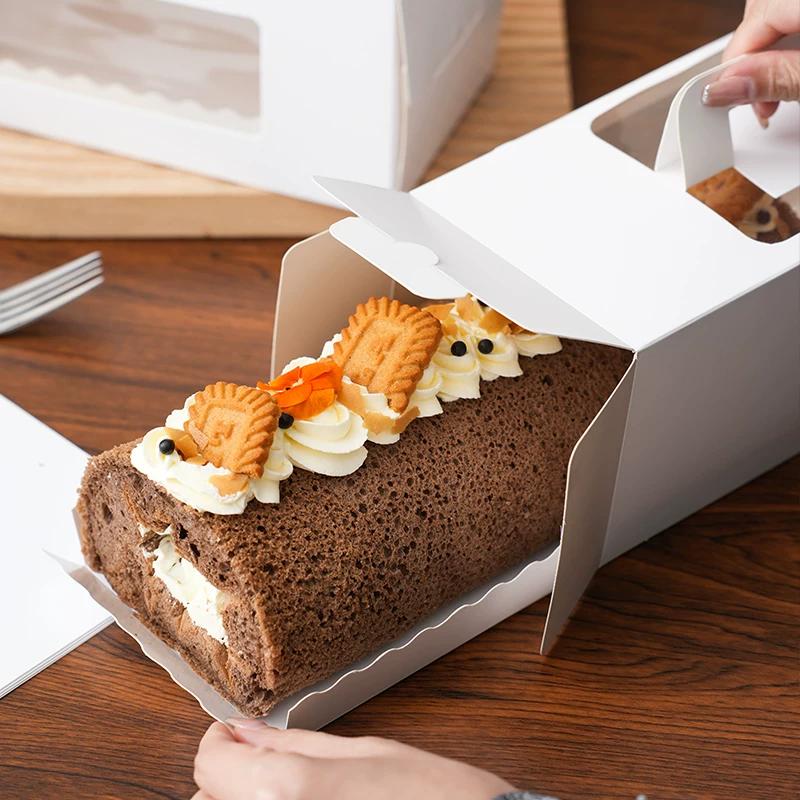 30 Sets Mousse Towel Roll Clear Window Packaging Boxes Color Cake Roll Packaging Portable Cases Long Swiss Roll Cardboard Box with White Tray