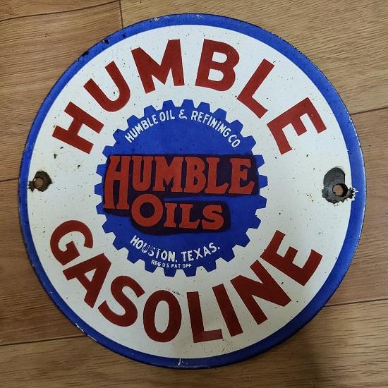 

Подержанный знак Humble Gasoline из фарфоровой эмали 7 дюймов, круглый