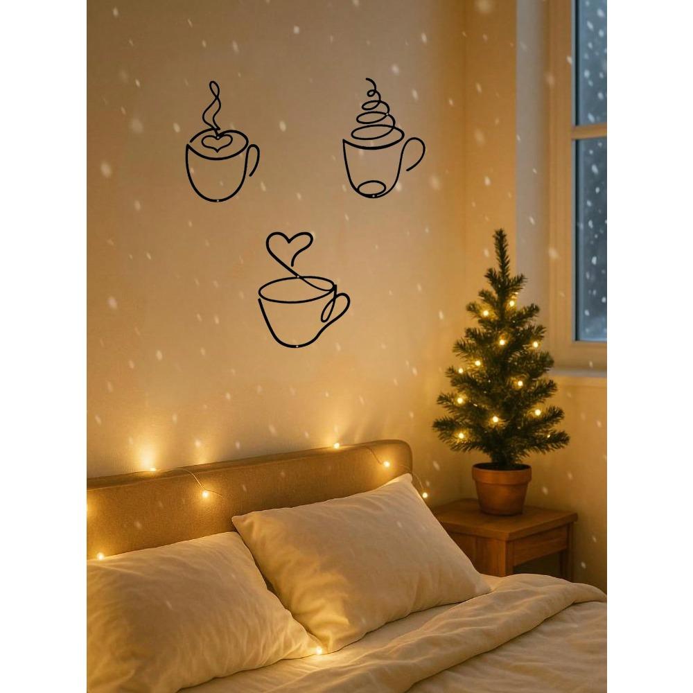 3-Piece Modern Metal Coffee Cup Wall Art Set, Christmas Theme, Black, Durable, Rustproof, Home Decor for Living Room, Bedroom, Kitchen, Bathroom
