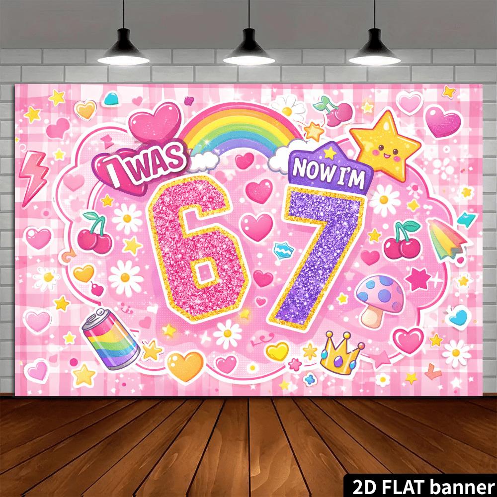 2D plane, 6 rotations, 7-year-old birthday party backdrop fabric, pink and purple glittering powder theme, polyester material