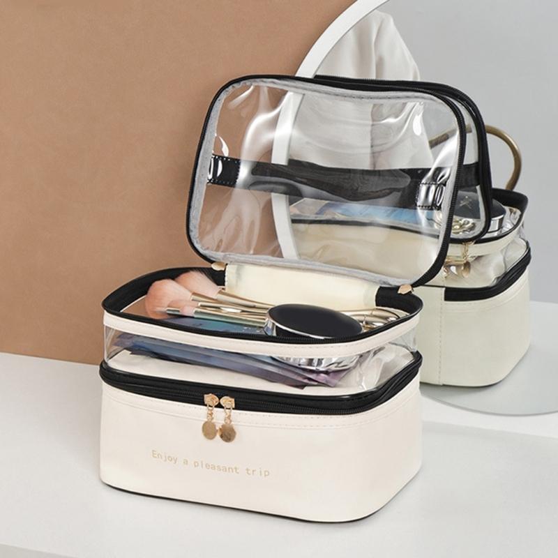 Simple Double Layer Cosmetic Pouches Versatile Makeup Container Bag with Double Layer Designs for Office and Vacation