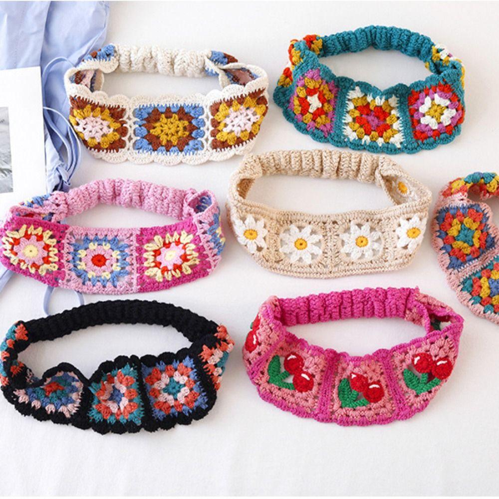 Flower Knitted Headband Colorful Women Hair Scarf Sweet Hollow Crochet Bandana  Girls