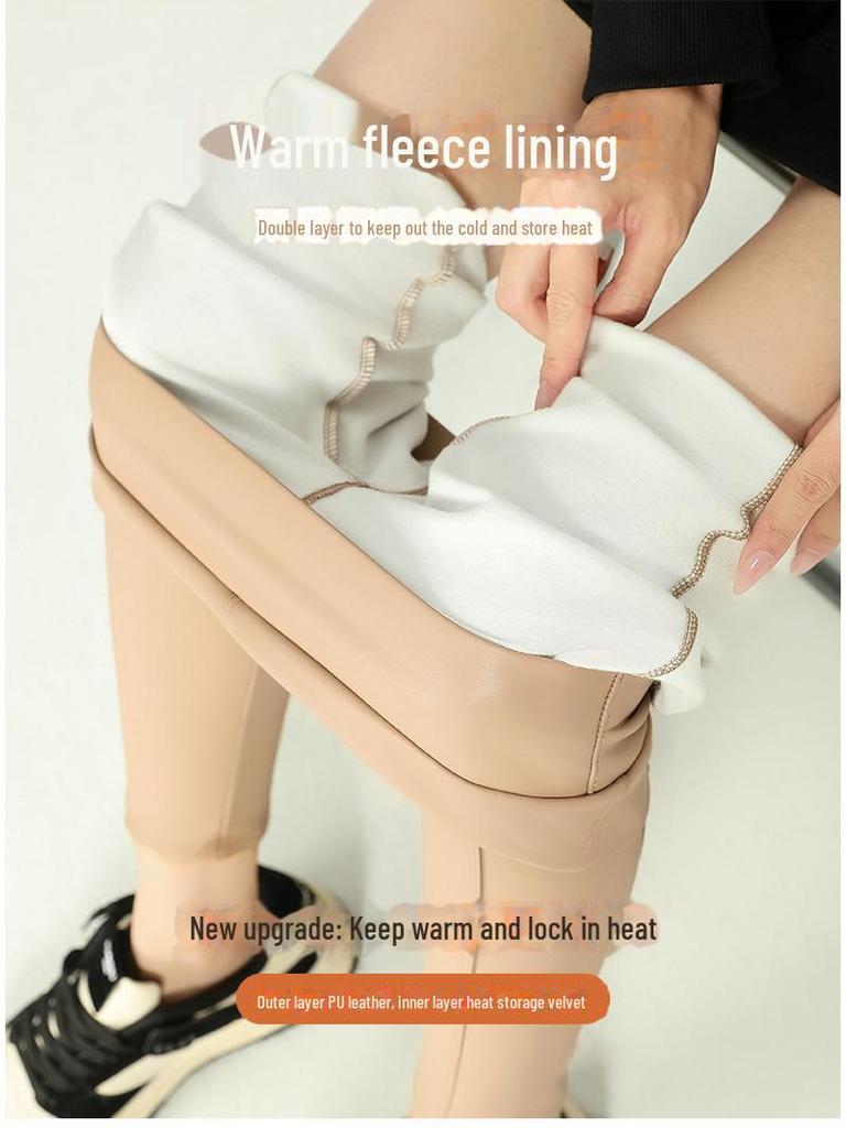 Dámské matné legíny z PU kůže s vysokým pasem a sametovou podšívkou - devítibodová délka, 2024.