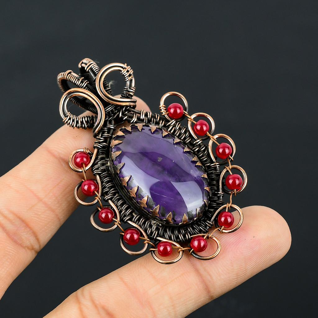 Natural Amethyst, Garnet Gemstone Handmade Copper Wire Wrap Pendant 2.56" R3z27