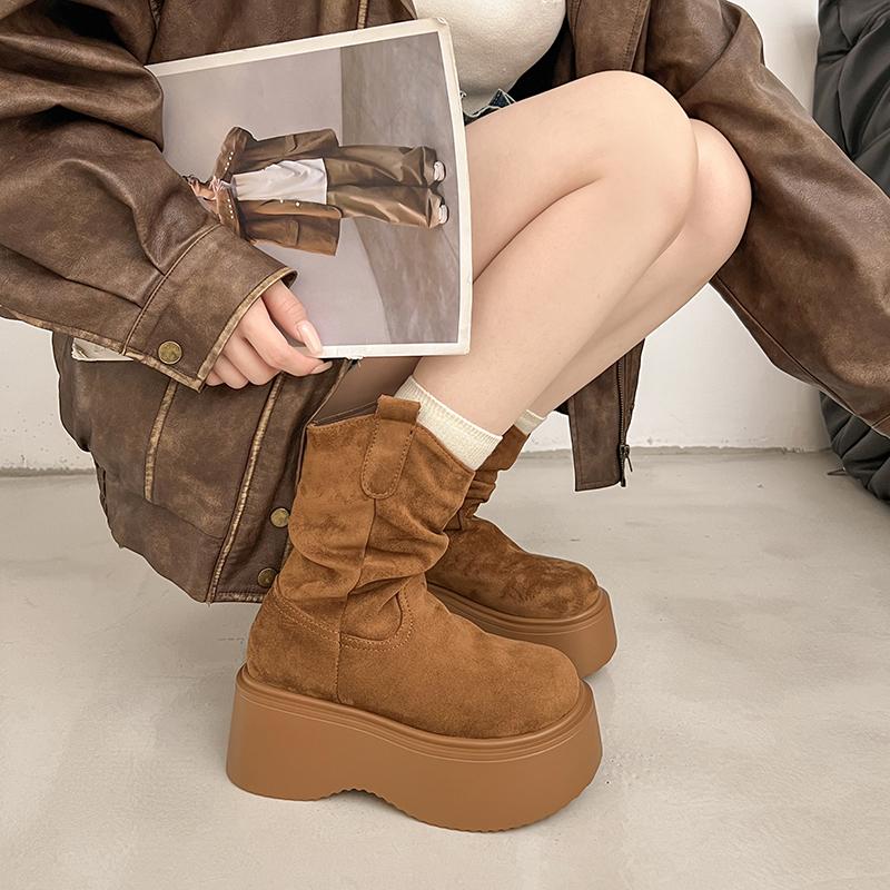 Fashion 2025  NEW Fashion Style Women Shoes Heel Height Platform Suede Mid Calf Boots Woman Ankle Boots Decor Woman Boots 6546