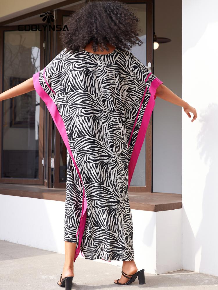 EDOLYNSA Pink Striped Printed Kaftan Plus Size Summer Long Beach Dress Women Homewear Outfit Swim Suit Cover Up Loose Caftan