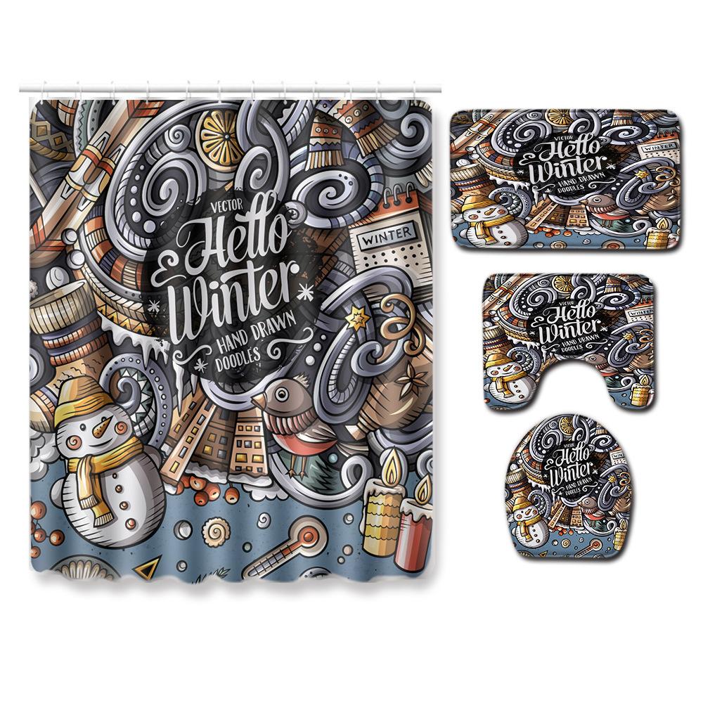 Christmas Shower Curtain Floor Mat Combination Four-Piece Set Bathroom Toilet Carpet Shower Room Mat Foot Mat