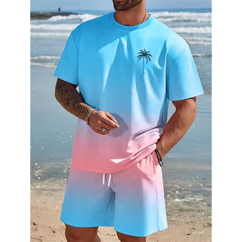 Verão Manga Curta Shorts Férias na Praia Casual Estampa 3D de Palmeira de Coco Conjunto de Praia Roupa Esportiva Masculina