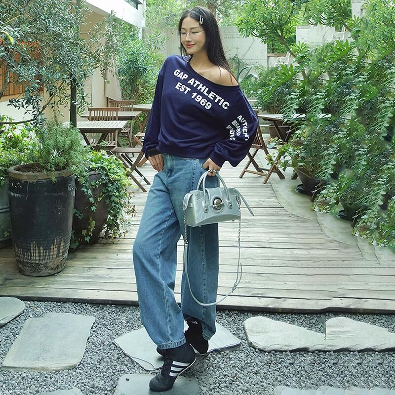 Gap Women's 2025 Autumn Logo Off-Shoulder Loose Sweatshirt