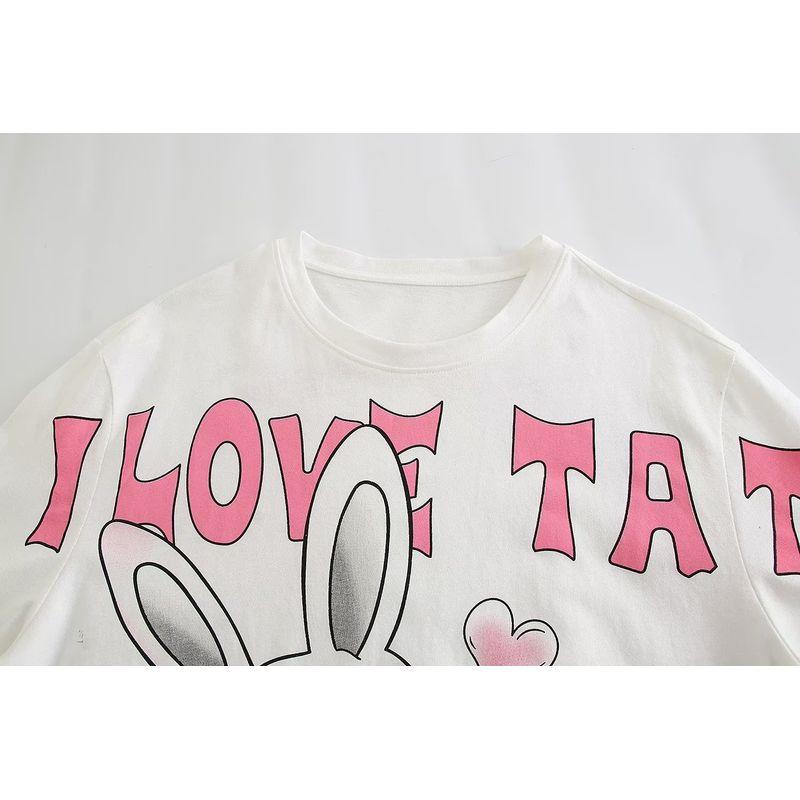Kaslead New Arrival Women's Clothing Fashion Style Youthful-Looking Loose Cute Rabbit Print round Neck Short Sleeve T-shirt KC