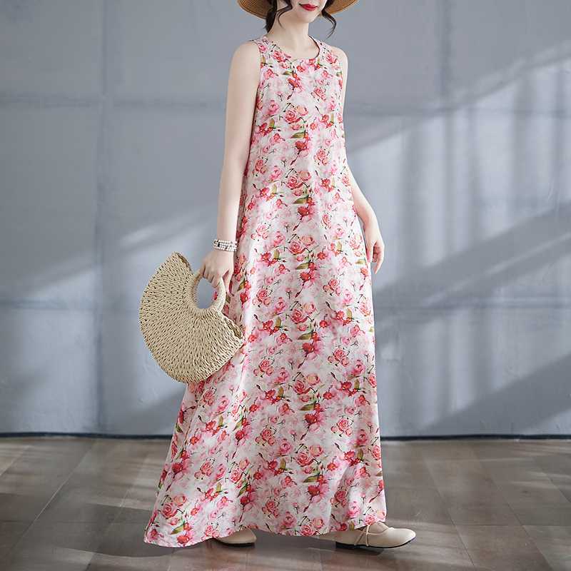

New Long Skirt Summer Sleeveless Round Neck Printed Dress 2XL