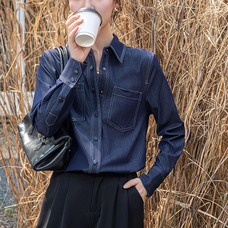 New Casual and Elegant Denim Shirt Design Niche Retro Hong Kong Style Loose Polo Neck Long-sleeved Top