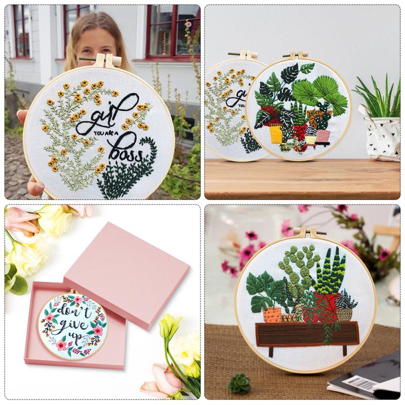 4 szt. Kwiat Doniczkowy Haft Zestaw Tkanin z Zestawami Materiałów DIY 15 cm + 20 cm Bambusowy Haft