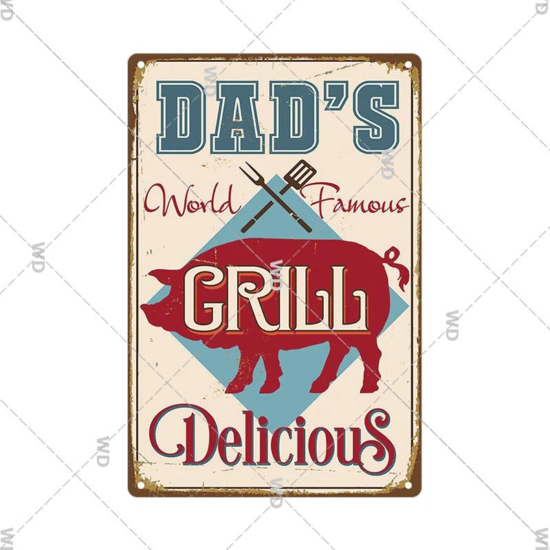 Dad's BBQ Party Metal Tin Plaque Retro Tin Signs Barbecue Rules Slogan Plate Vintage Grill Poster Yard Garden Kitchen Wall Decor