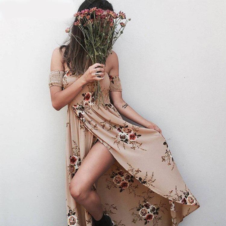 

Women Off Shoulder Long Maxi Beach Dress Floral Print Chiffon Summer S розовый