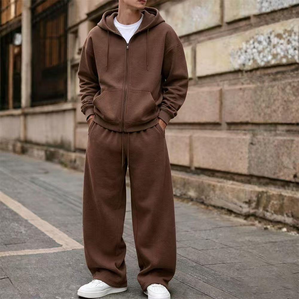 American Fashion Solid Color Zipper Hoodie and Wide Leg Pants Casual Set
