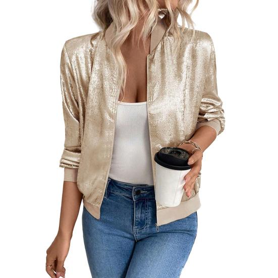 Women's Sequin Short Jackets Long Sleeve Shiny Cropped Coat Lightweight Zipper Metallic Jacket Glitter Party Disco Outfit