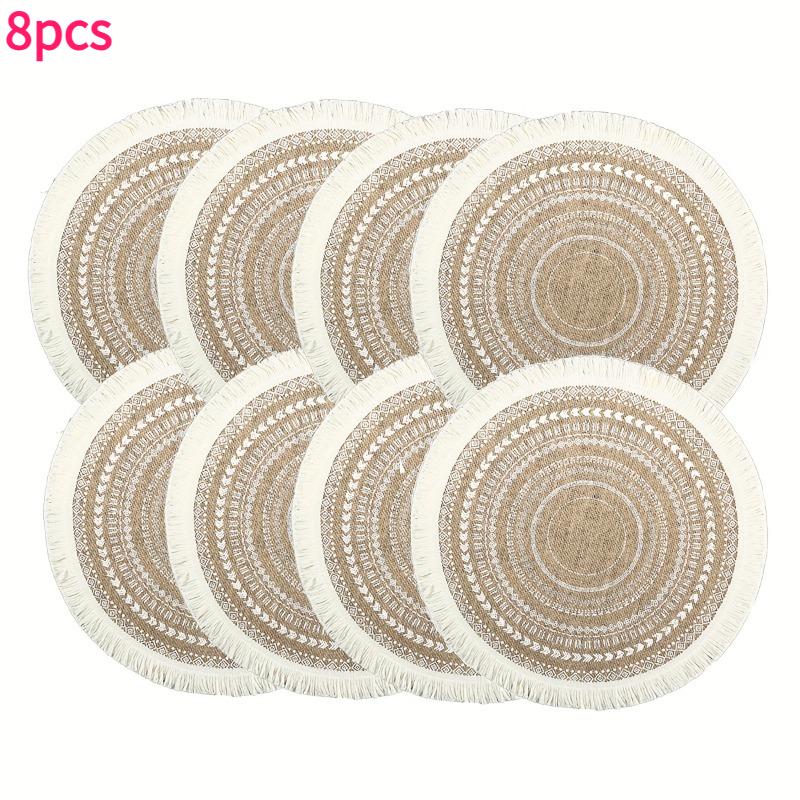 6-10pcs Bohemian Round Tassel Placemats Woven Linen Round Heat-insulating Flower Pattern Table Mats Dining Tables Decorative Mat