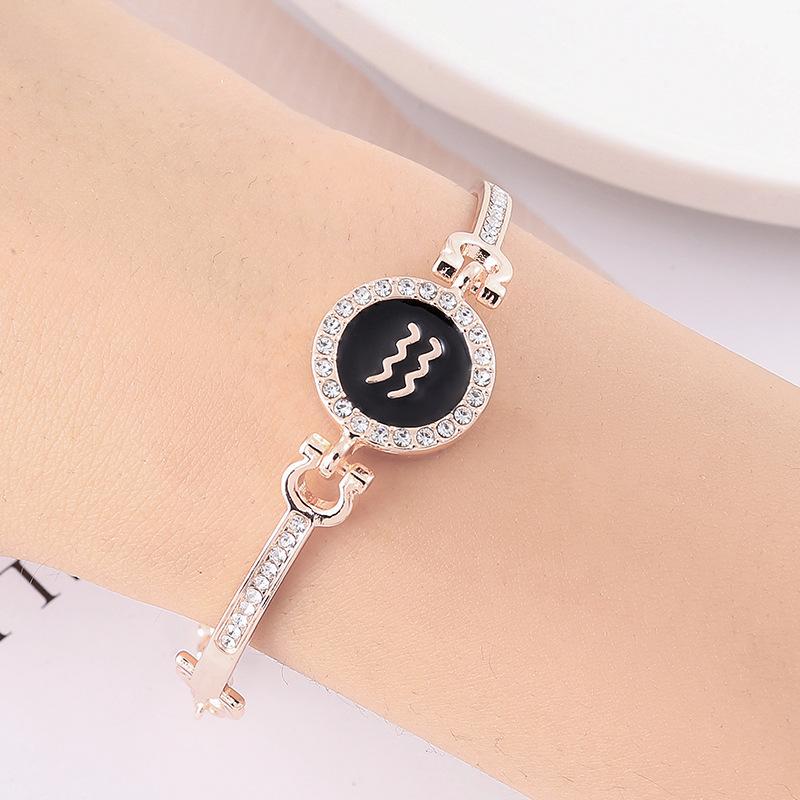 12 Zodiac Signs Bracelet for Women, Rose Gold Plated Inlaid Diamond Constellation Bangle, Fashion Couple Jewelry Gift