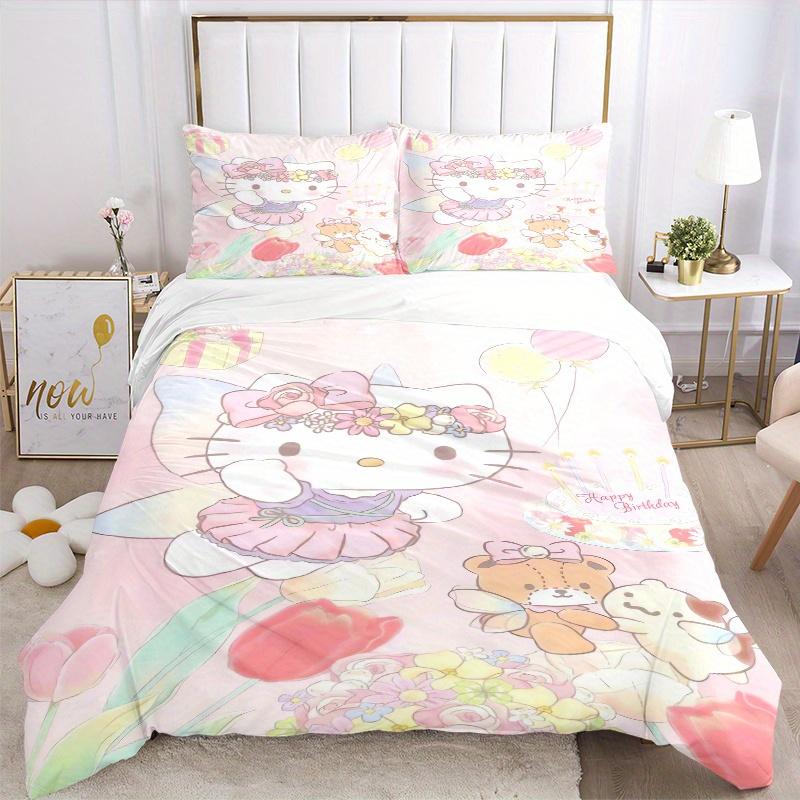3pcs Happy Birthday Hello Kitty Bedding Set - 1 Soft Quilt Cover + 2 Pillowcases, Machine Washable - Suitable for All Seasons, Perfect Gift