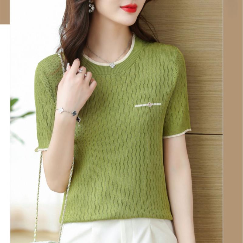 Summer Ice Silk Short Sleeve T-shirt Women Fashion Thin Casual Knitted Blouse Woman Short Sleeve Round Neck Tee Tops Office Lady Blouses 24120