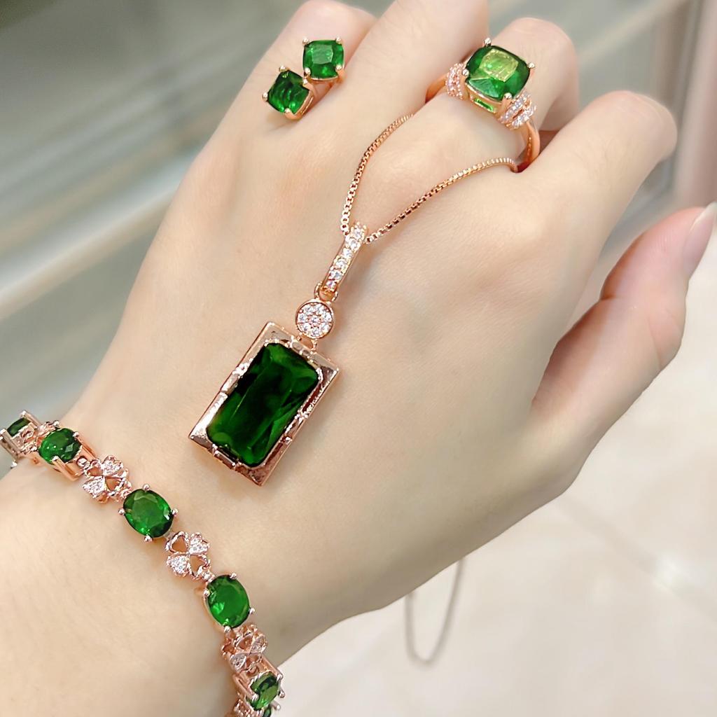 Rose Gold Plated Emerald and Diamond Jewelry Set