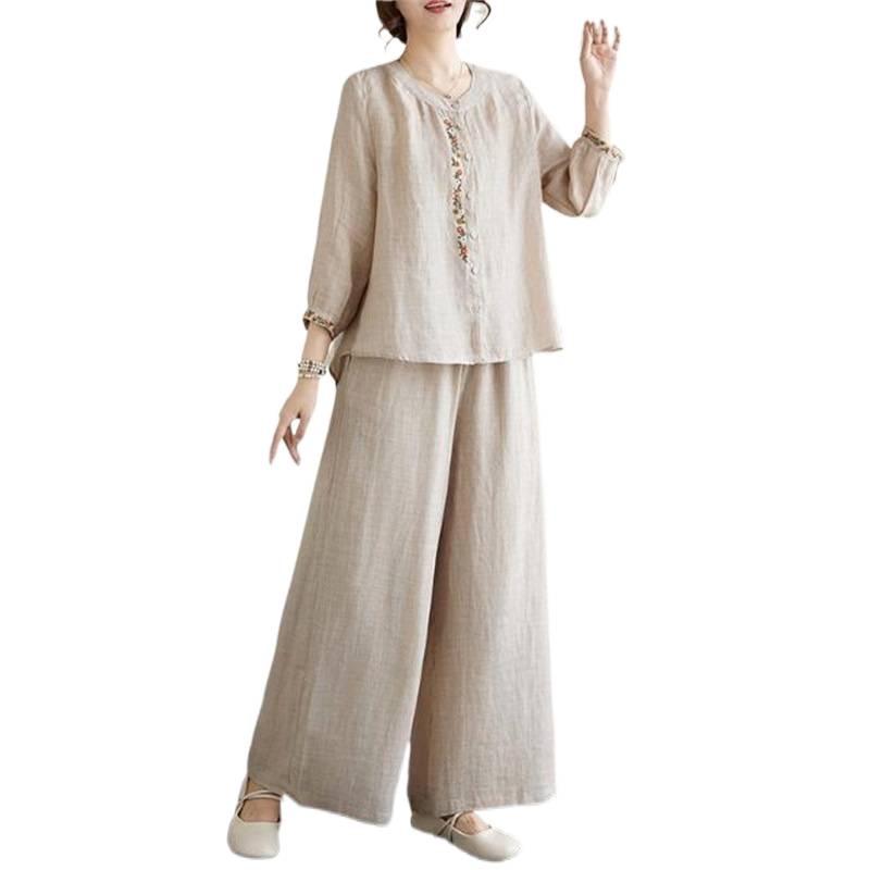 Spring/Summer Embroidered Shirt & Loose Cotton Linen Pants Set for Middle-Aged/Elderly Women