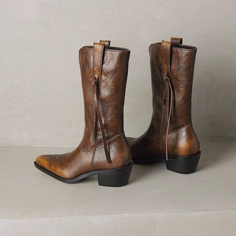 Deer Nara temperament pointed toe ins thick heel retro European and American western boots medium tube knight boots women's long boots autumn and wint