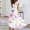 Women's Long Casual Dress Summer Short-Sleeve V-Neck Waist Retraction Printed Dress