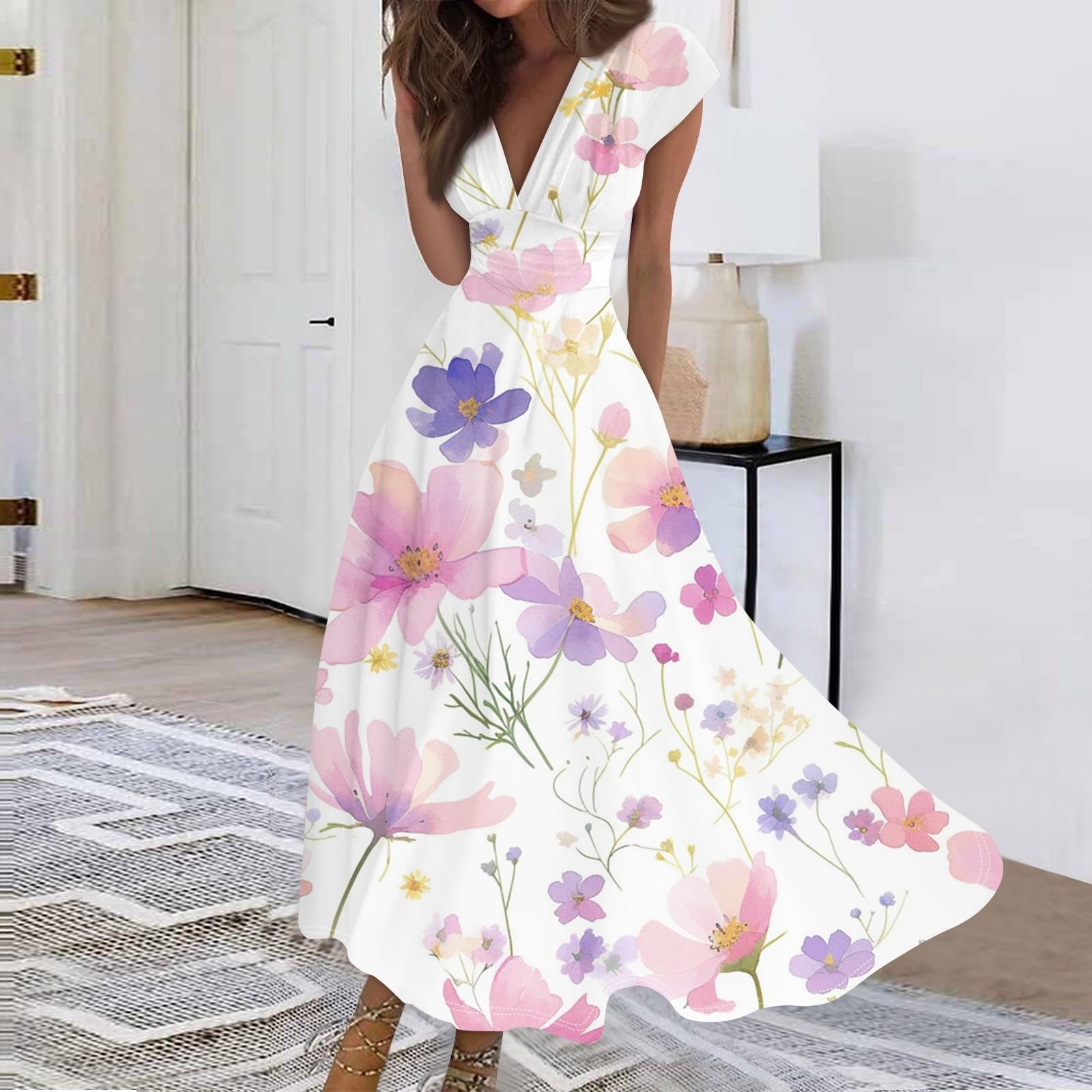 

Women s Long Casual Dress Summer Short-Sleeve V-Neck Waist Retraction Printed Dress XXL