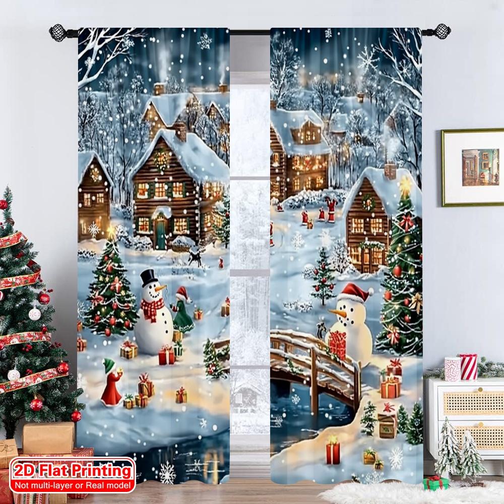 Flat Printing Christmas Drapes Snowmen Fabric Without Electricity Spring Party Holiday Curtains Set Of 2 Made Polyester Machine Washable