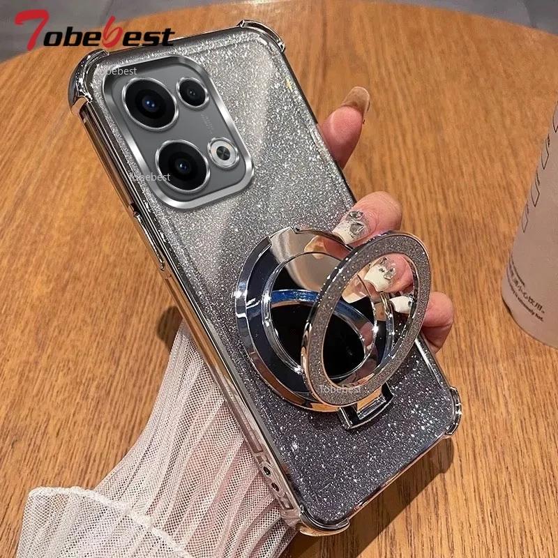 

Блестящий противоударный силиконовый чехол для OPPO Reno 13 12 12F 11 11F 10 9 8 7 Pro Plus 4G 5G Зеркальный магнитный держатель-подставка Мягкая накладка Reno 7 Pro серебряный