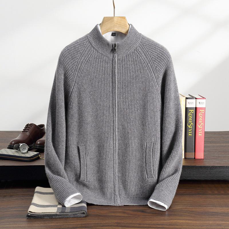 Men's Solid Color Cashmere Knit Cardigan - Autumn/Winter 2025, Loose, Soft, Comfortable, Zipper, Long Sleeve, Versatile.