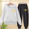 Kinder Gelb CR7 Fußball Idol Aufdruck Hoodie Set Jungen Mädchen Sport Jogging Freizeit Sweatshirt Oberteil mit Hose 2-teiliges Kleinkind Outfit