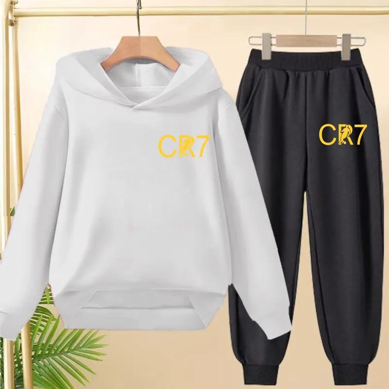 Kinder Gelb CR7 Fußball Idol Aufdruck Hoodie Set Jungen Mädchen Sport Jogging Freizeit Sweatshirt Oberteil mit Hose 2-teiliges Kleinkind Outfit