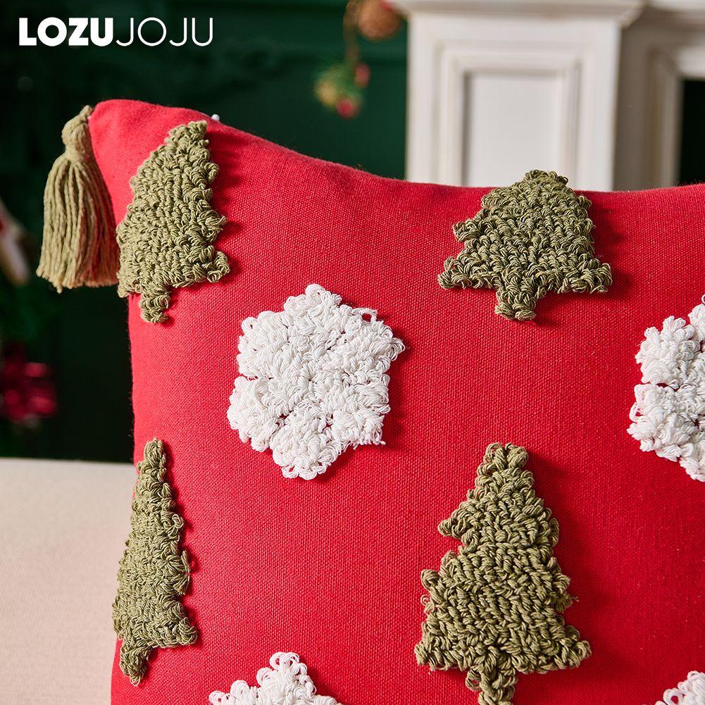 1PC LOZUJOJU Fashionable and Versatile Christmas Style Red Pillowcase Plush Embroidery Soft Cushion Cover for Sofa Living Room Bedroom Home Decor