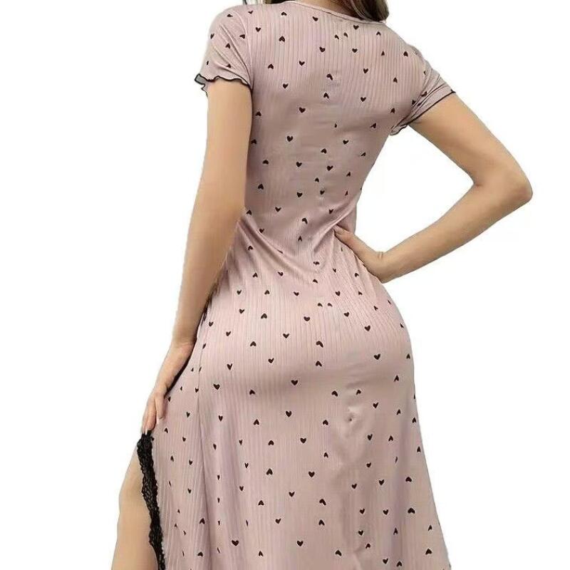Womens Heart Print Ribbed Nightgown Sexy Lace High Slit Bodycon Midi Sleep Dress Short Sleeve Cute Y2K Style Loungewear Homewear
