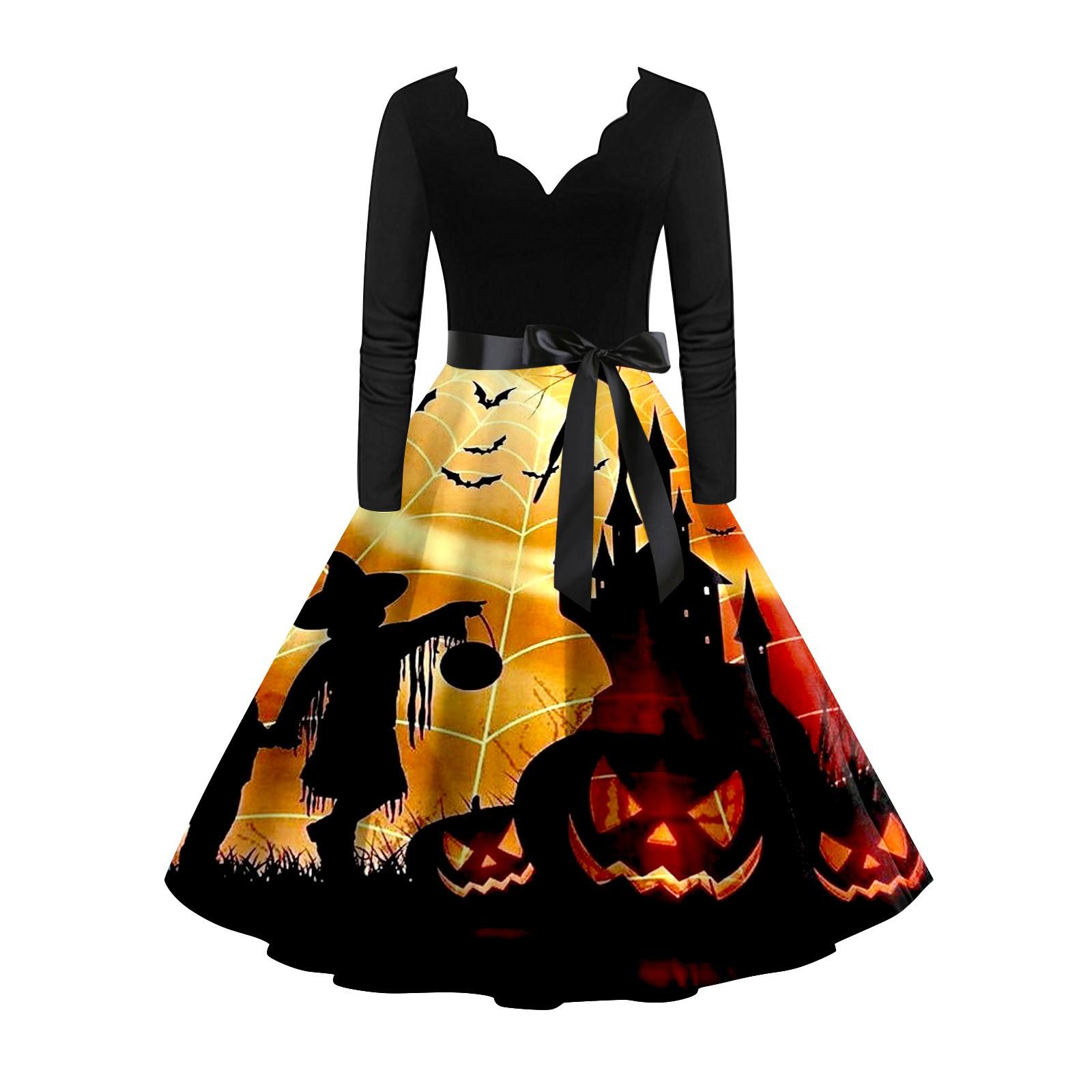 

Женское винтажное платье с длинным рукавом для Хэллоуина и принтом 1950-х годов, вечернее платье для выпускного вечера для домохозяйки XXL оранжевый