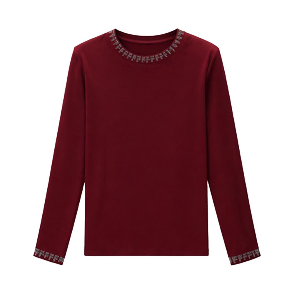 Elegant Rhinestone Long Sleeve Round Neck Base Layer Top for Women