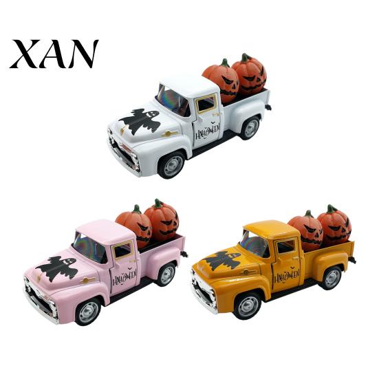 Pick-up Truck Alloy Figurine Halloween Figurine, Holding Pumpkin Vintage Car Statue, Miniature Model Vehicle Ornament for Holiday Party Table