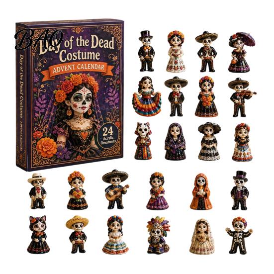Halloweenový adventní box Kalendář Dne mrtvých, 24denní sada akrylových ozdob s uměleckými svátečními motivy lebky a aksamitníku pro rozbalování, na zavěšení na stromek