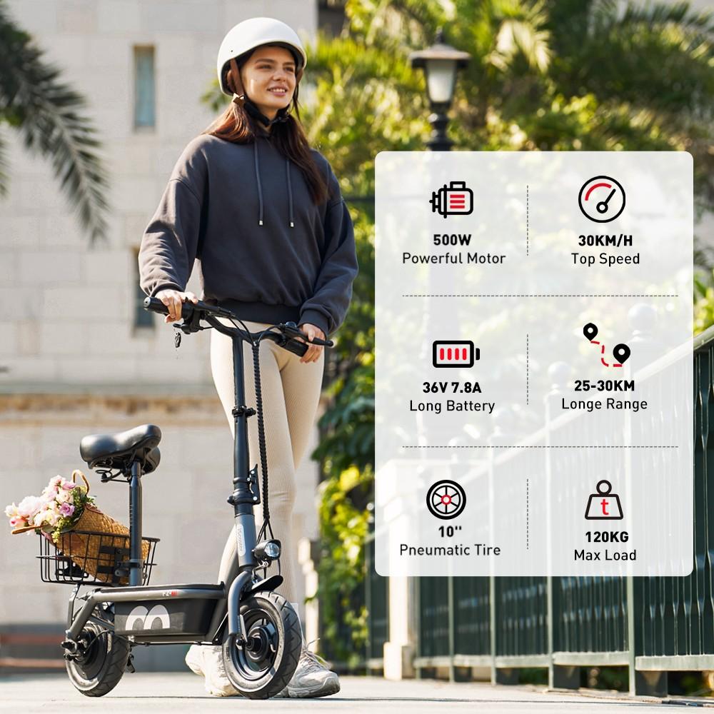iScooter F2 Electric Scooter with Seat & Rear Basket, 500W Motor, 36V 7.8Ah Battery, 10 inch Tires, 30km/h Max Speed, 30km Range