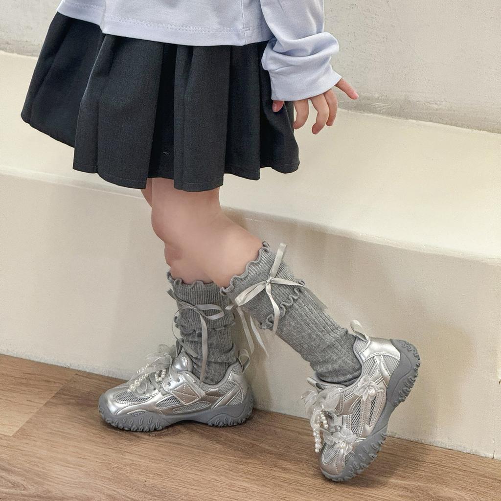 2025 Summer New Classmates Girls Pearl Bow Flower Sneakers Single Mesh Breathable Princess Moral Training Shoes