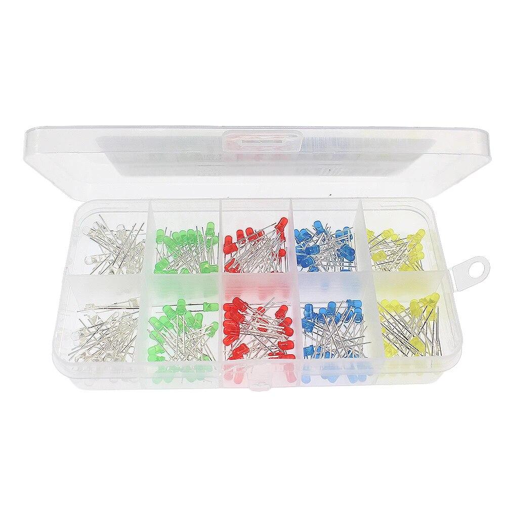 200 bucăți 3 mm diodă emițătoare de lumini 5 culori set sortiment de diode LED, roșu, galben, verde, albastru, alb, diodă LED F3, electronică DIY
